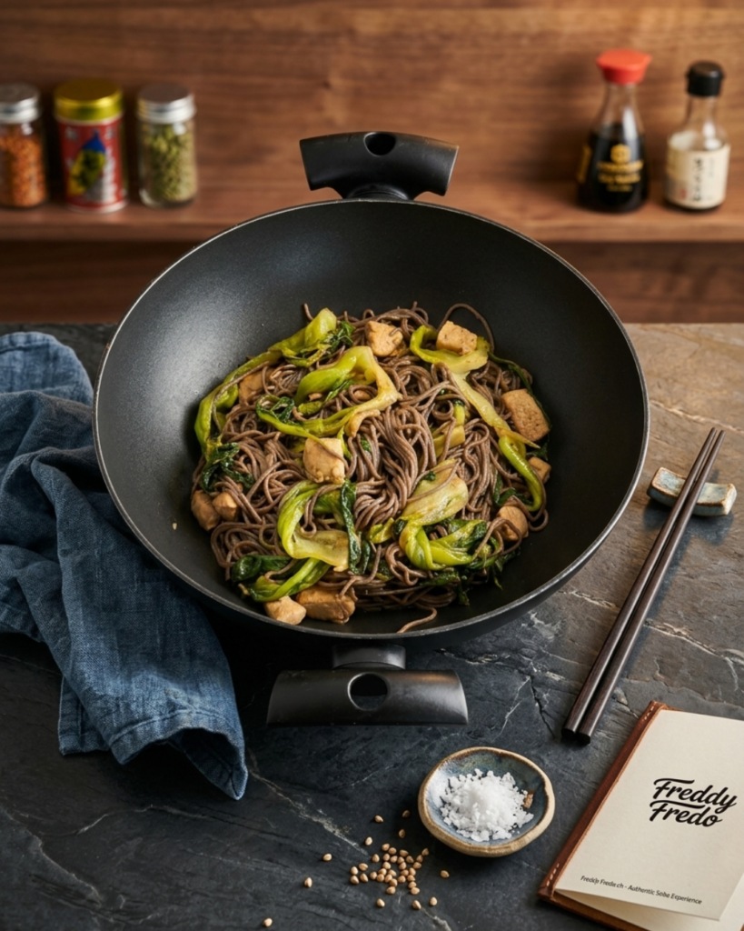 Pak‑choï rôti, nouilles soba et volaille laqué.Un trio de textures, une symphonie d’arômes.