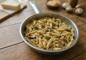 Penne, poireaux, passion et champignons