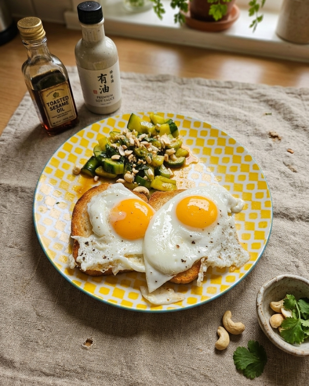 Tartine d'œufs au plat et concombre frappé sésame