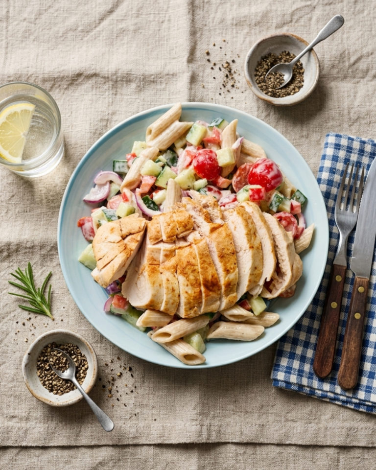 Papri’Pasta Poulet & Yaourt – crémeux, coloré, prêt en un tour de fourchette.