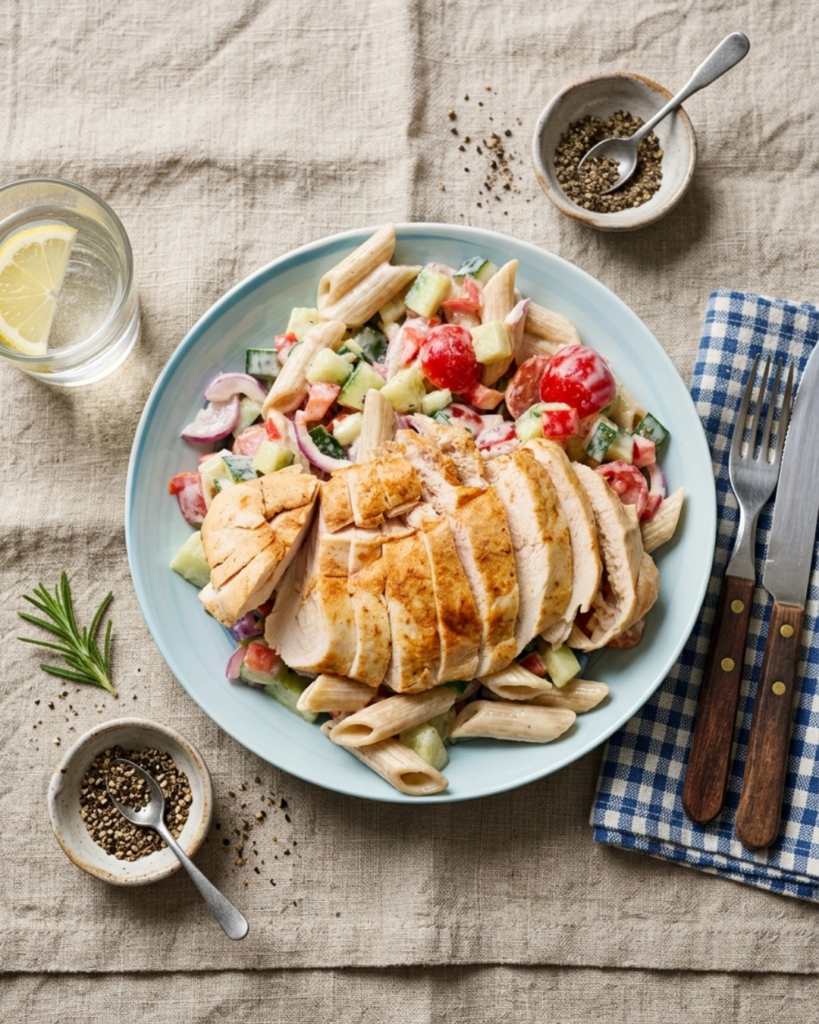 Papri’Pasta Poulet & Yaourt – crémeux, coloré, prêt en un tour de fourchette.