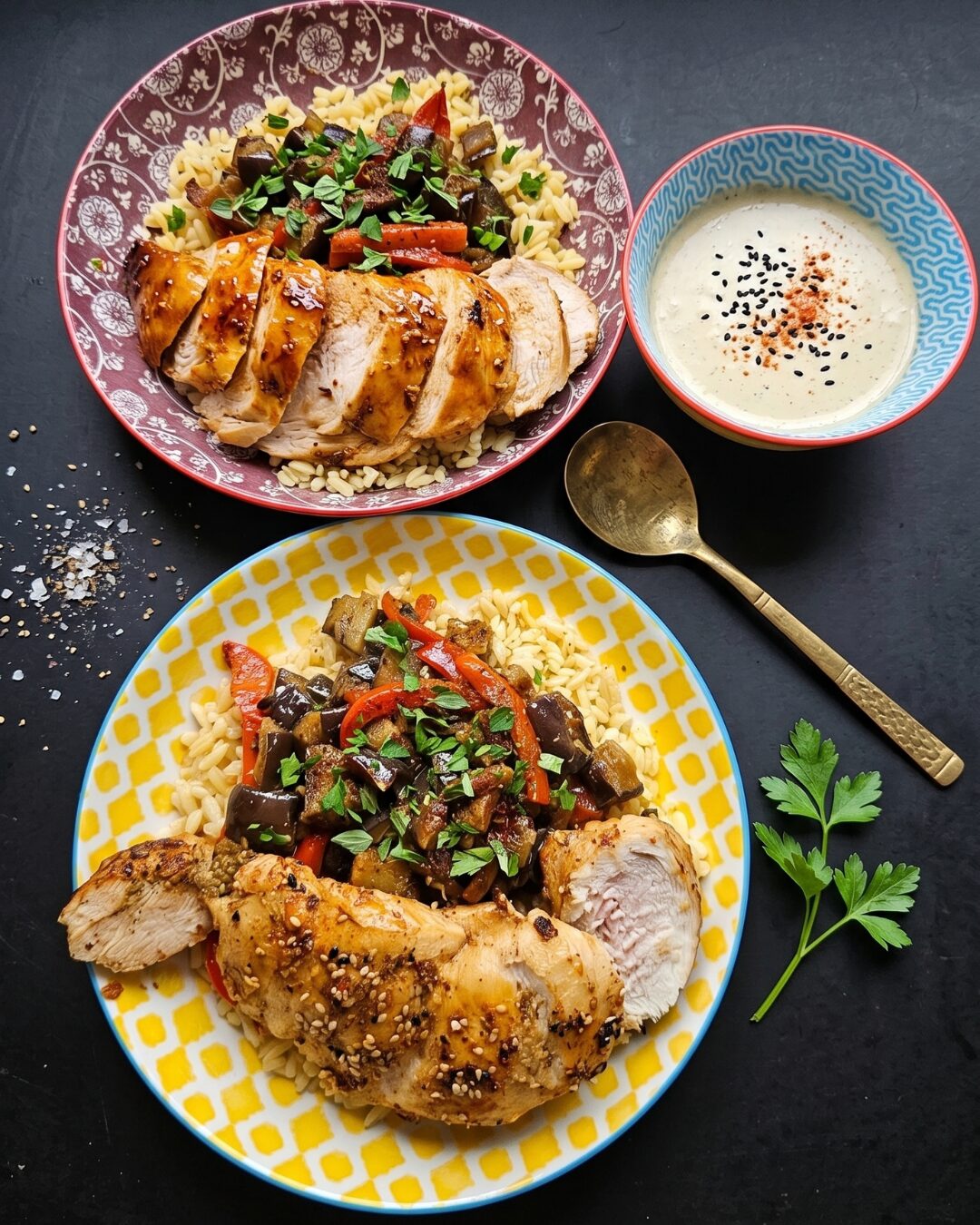 Poulet harissa miel, aubergines fumées et ebly sésame citron
