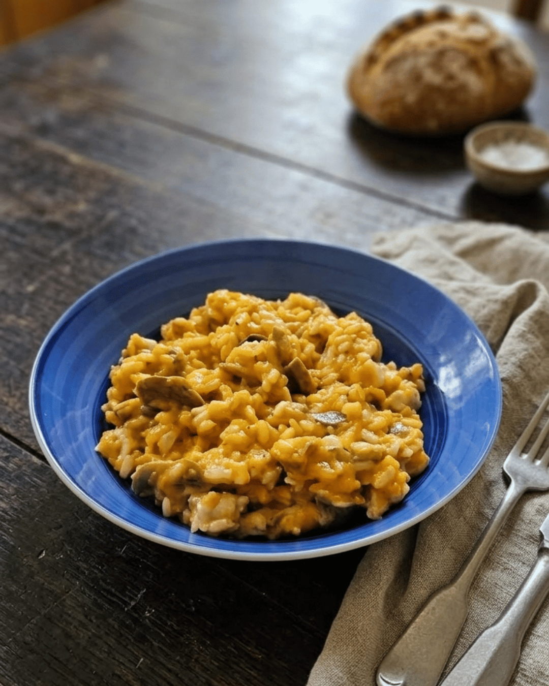 Risotto d'automne au poulet, potimarron et champignons de Paris