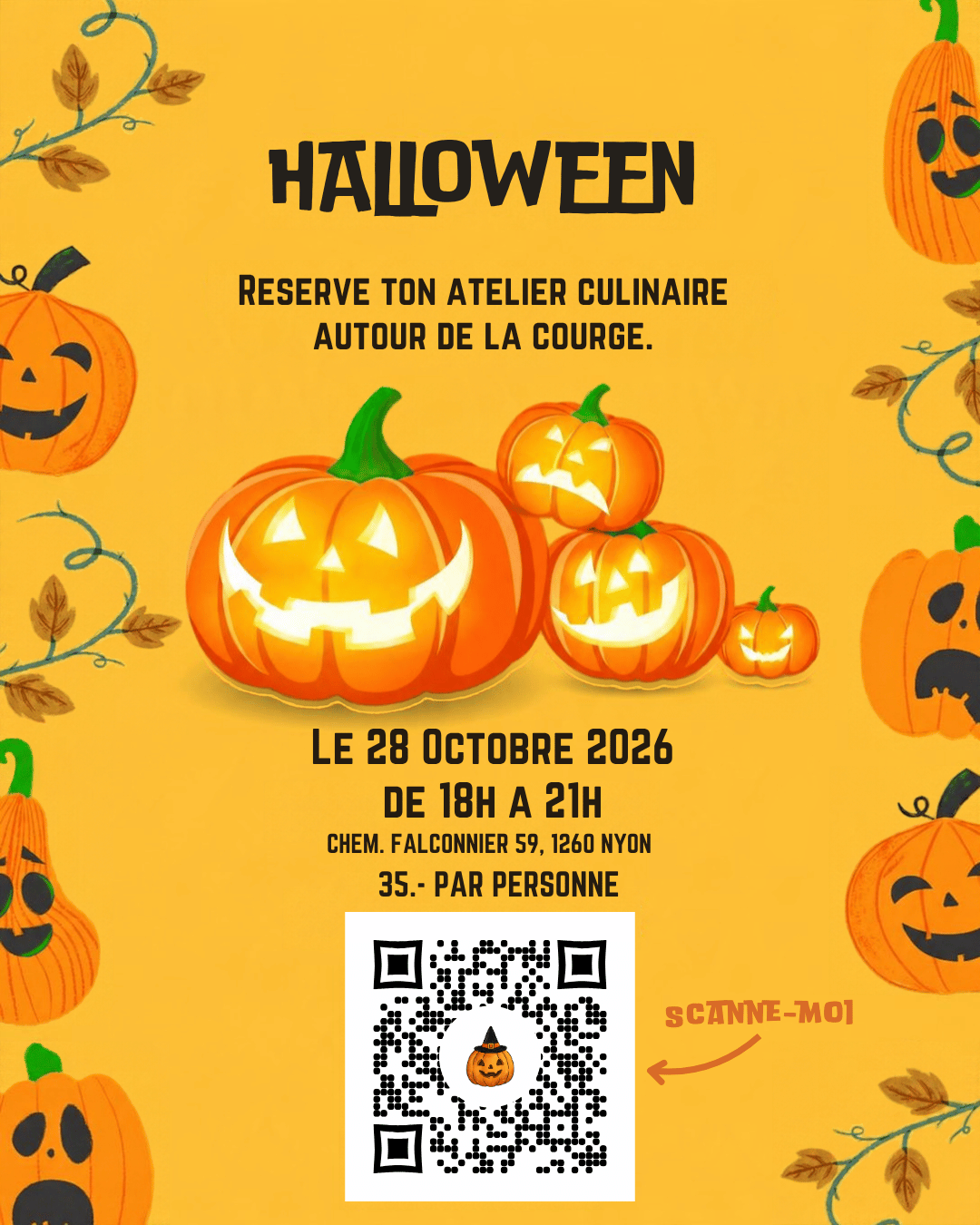 Affiche de l'atelier Halloween à Nyon, le 28 octobre 2026, atelier culinaire autour de la courge