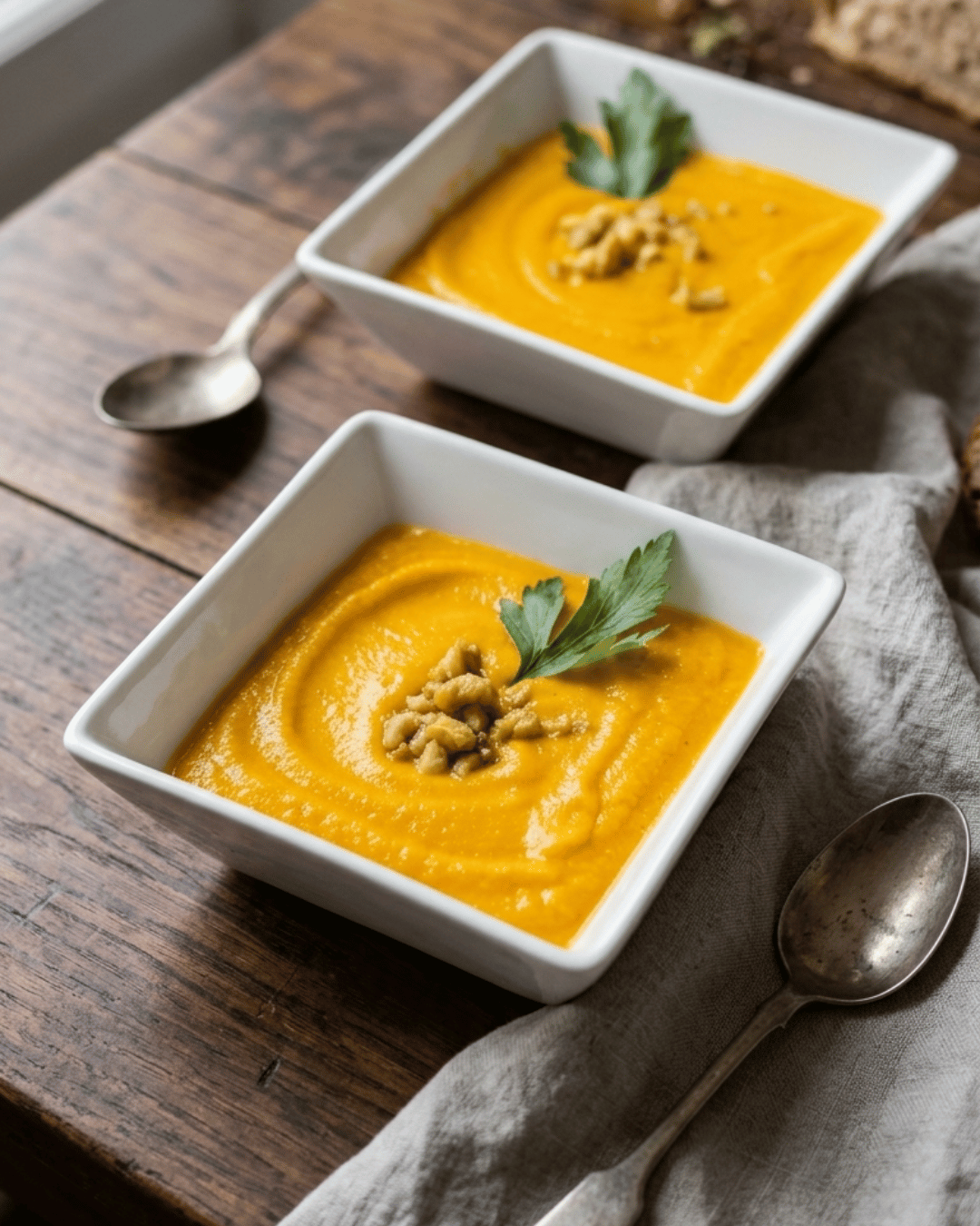 Velouté de carottes et châtaignes au beurre noisette et éclats de châtaignes rôties