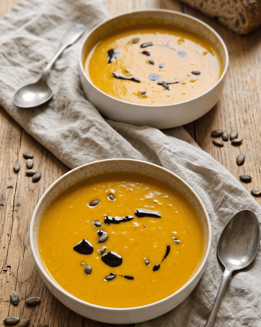 Velouté de potimarron rôti avec graines de courge croustillantes