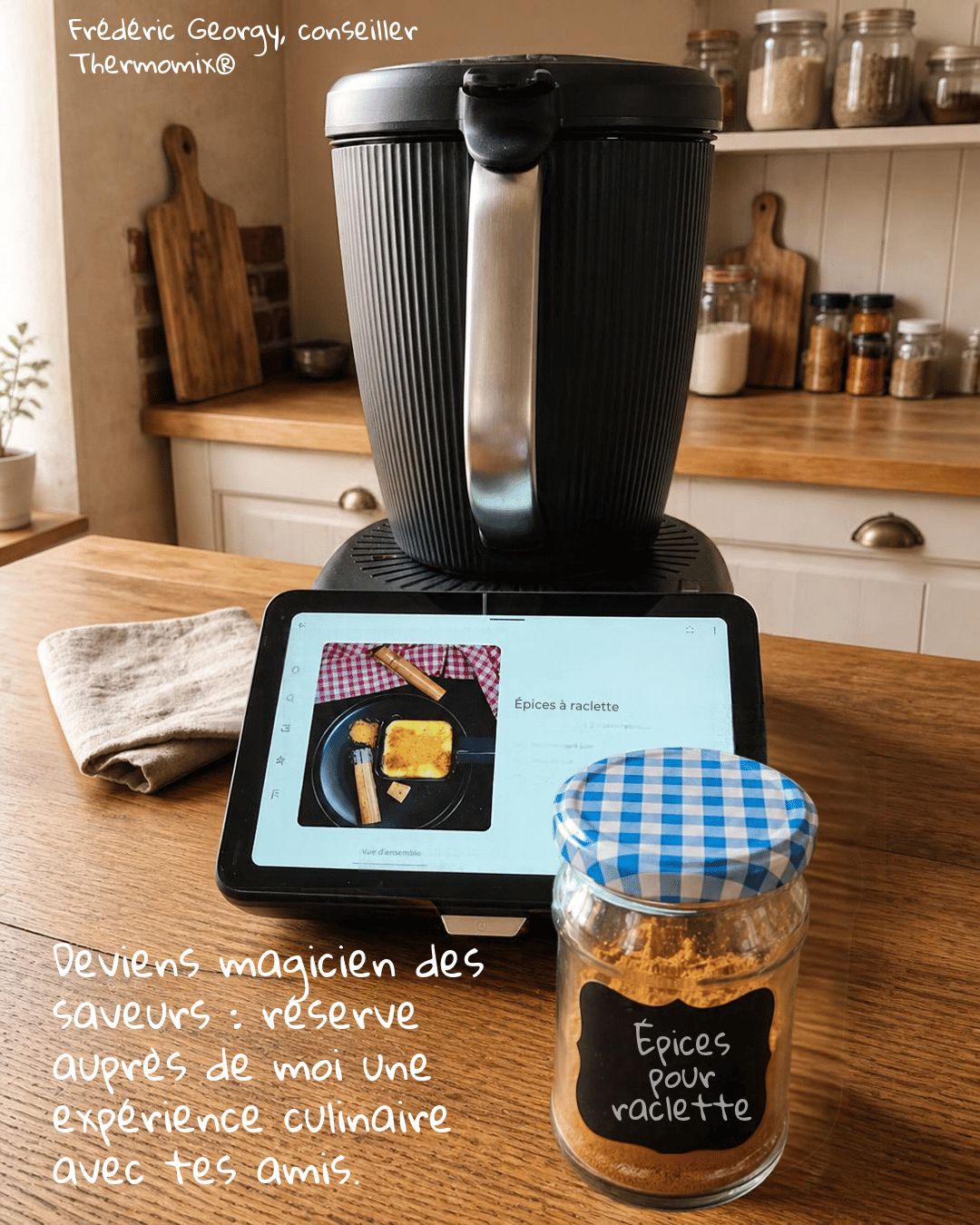 Frédéric Georgy, conseiller Thermomix®, devant le TM7 avec un pot d'épices pour raclette